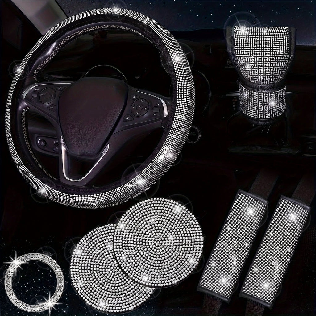 Car steering wheel cover, universal rhinestone-inlaid seatbelt cover, shoulder pad, seven-piece cross-border bestseller set
