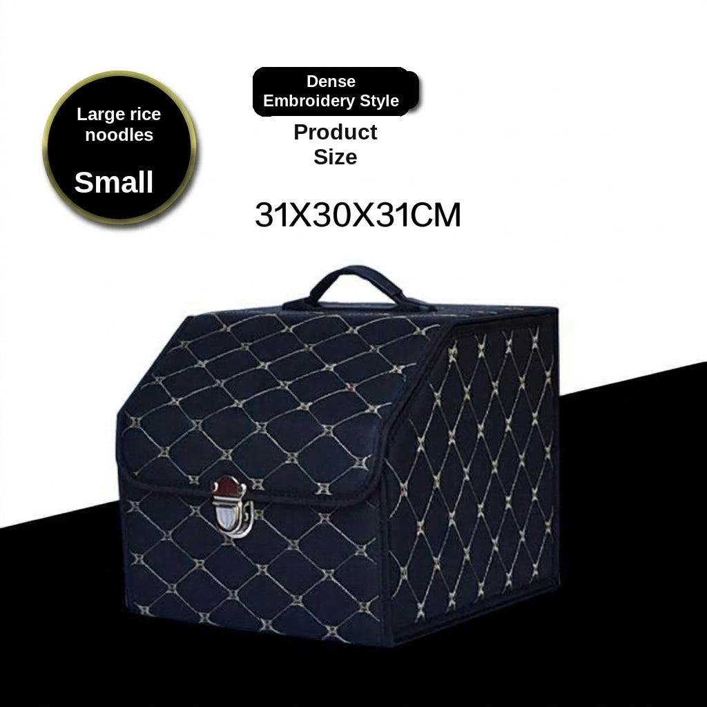 Car trunk storage box, leather foldable car organizer box, large capacity metal locking with handle storage box