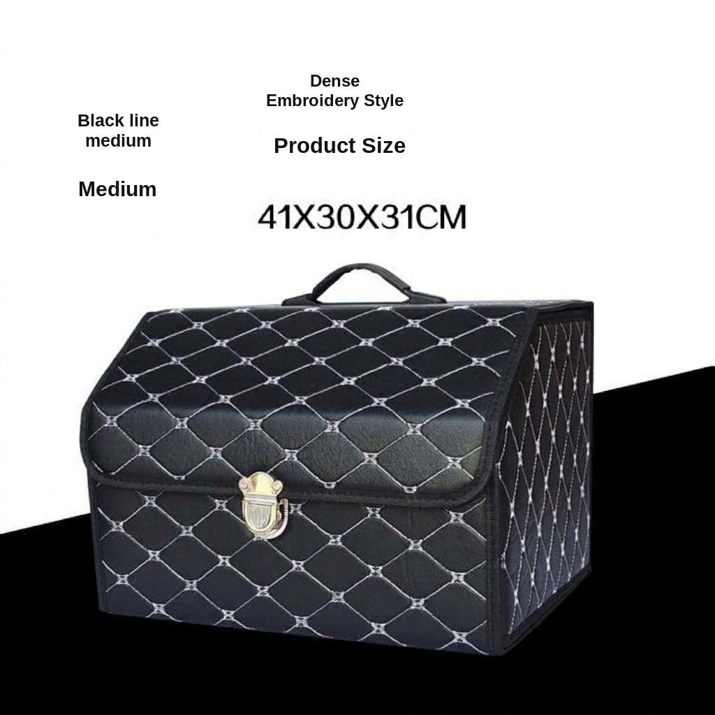 Car trunk storage box, leather foldable car organizer box, large capacity metal locking with handle storage box