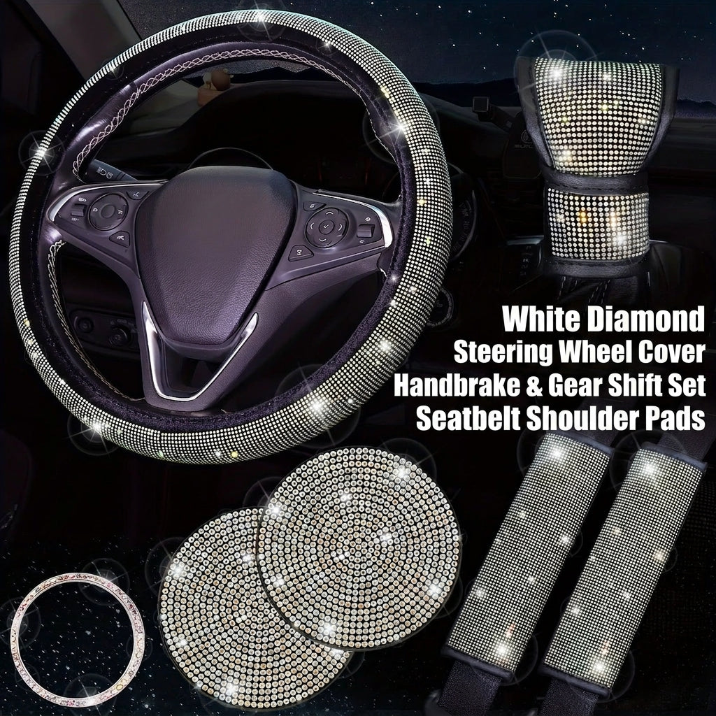 Car steering wheel cover, universal rhinestone-inlaid seatbelt cover, shoulder pad, seven-piece cross-border bestseller set