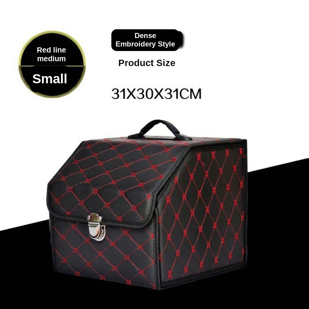 Car trunk storage box, leather foldable car organizer box, large capacity metal locking with handle storage box