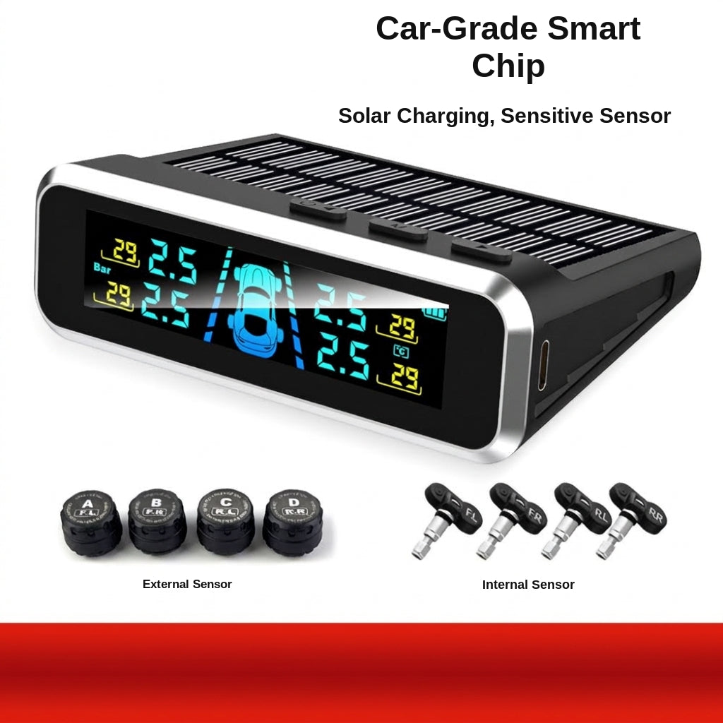 Tire pressure monitor, solar external sensor, high precision automotive tire pressure monitor, tire pressure sensor