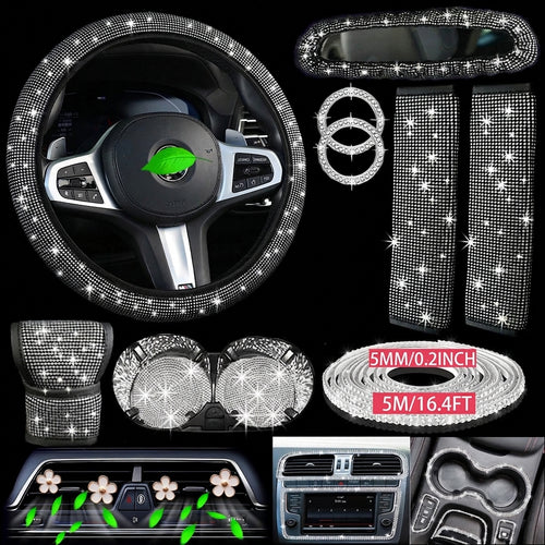 Cross-border foreign trade cars with hot diamonds, steering wheel covers, seat belts, shoulder pads, and diamond-embedded vehicles, 14 items loaded with diamonds and with diamonds