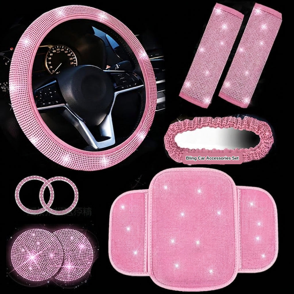Car steering wheel cover, diamond-studded full diamond set, seat belt, shoulder pad, rearview mirror armrest, box mat, starter ring, nine-piece set
