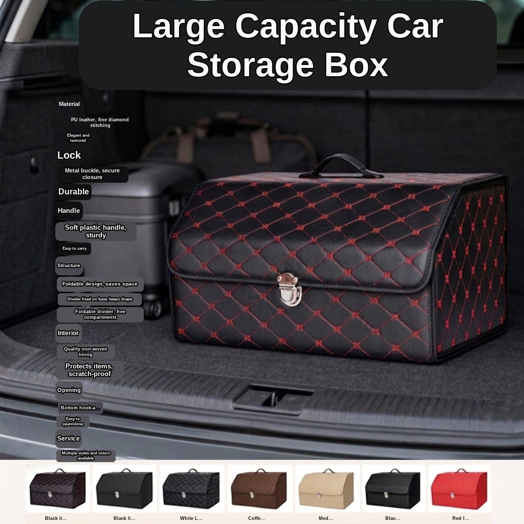 Car trunk storage box, leather foldable car organizer box, large capacity metal locking with handle storage box