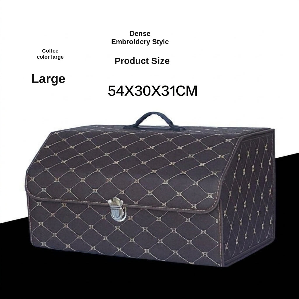 Car trunk storage box, leather foldable car organizer box, large capacity metal locking with handle storage box