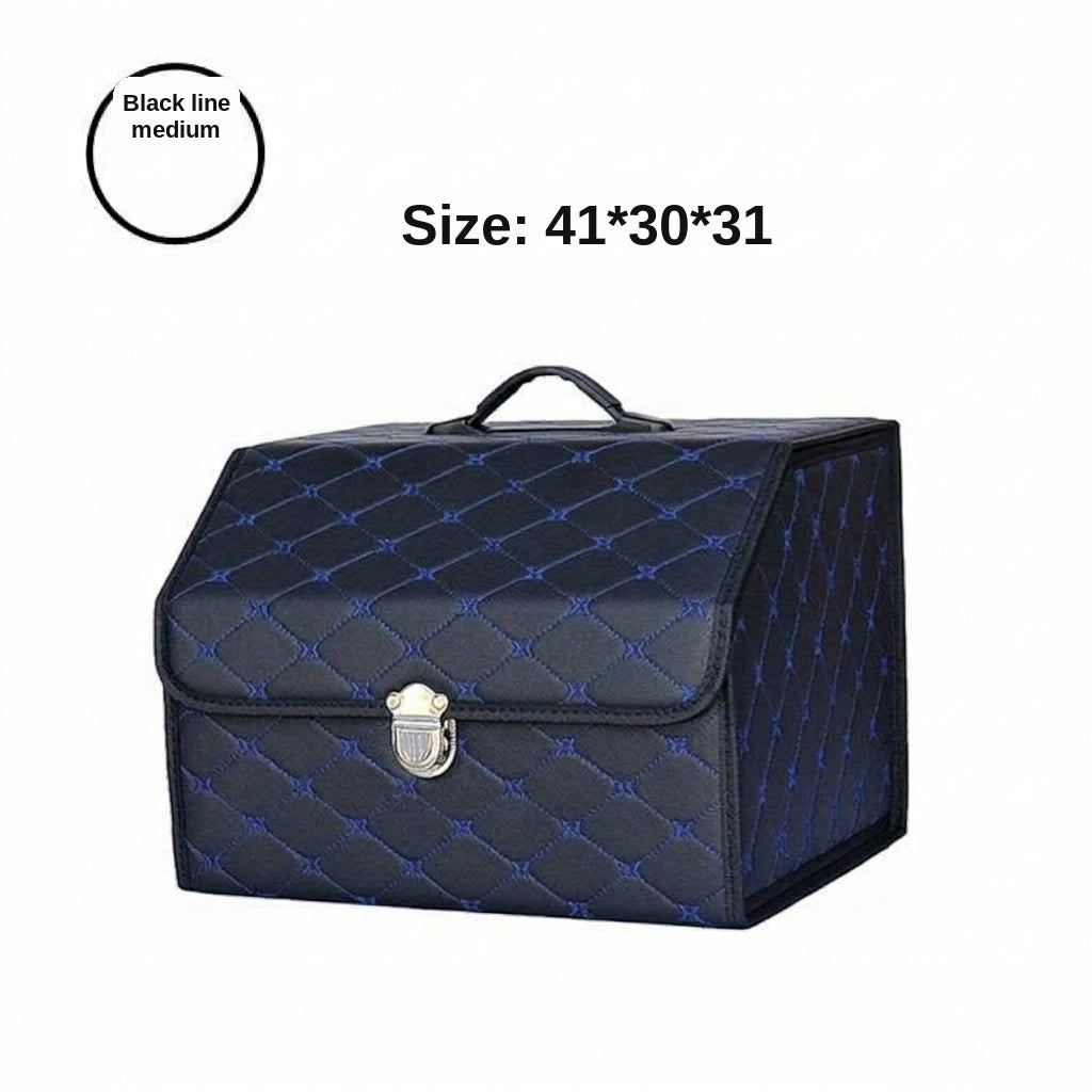Car trunk storage box, leather foldable car organizer box, large capacity metal locking with handle storage box