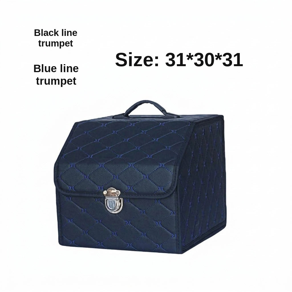 Car trunk storage box, leather foldable car organizer box, large capacity metal locking with handle storage box