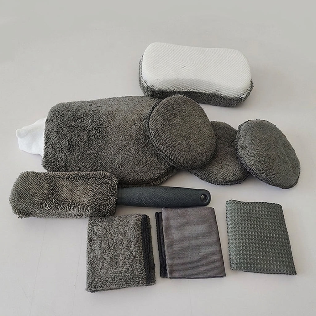 Car Wash 9-Piece Set: Car Cleaning Supplies, Wheel Hub Brush, Polishing Waxing Sponge Blocks, Car Wash Towels, Car Wipes