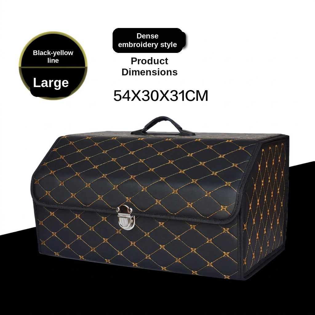 Car trunk storage box, leather foldable car organizer box, large capacity metal locking with handle storage box
