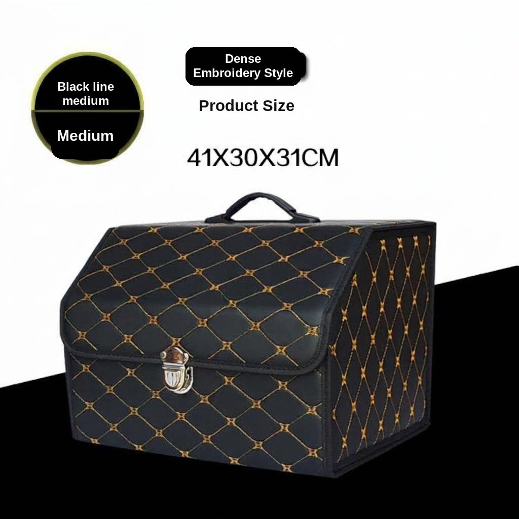 Car trunk storage box, leather foldable car organizer box, large capacity metal locking with handle storage box