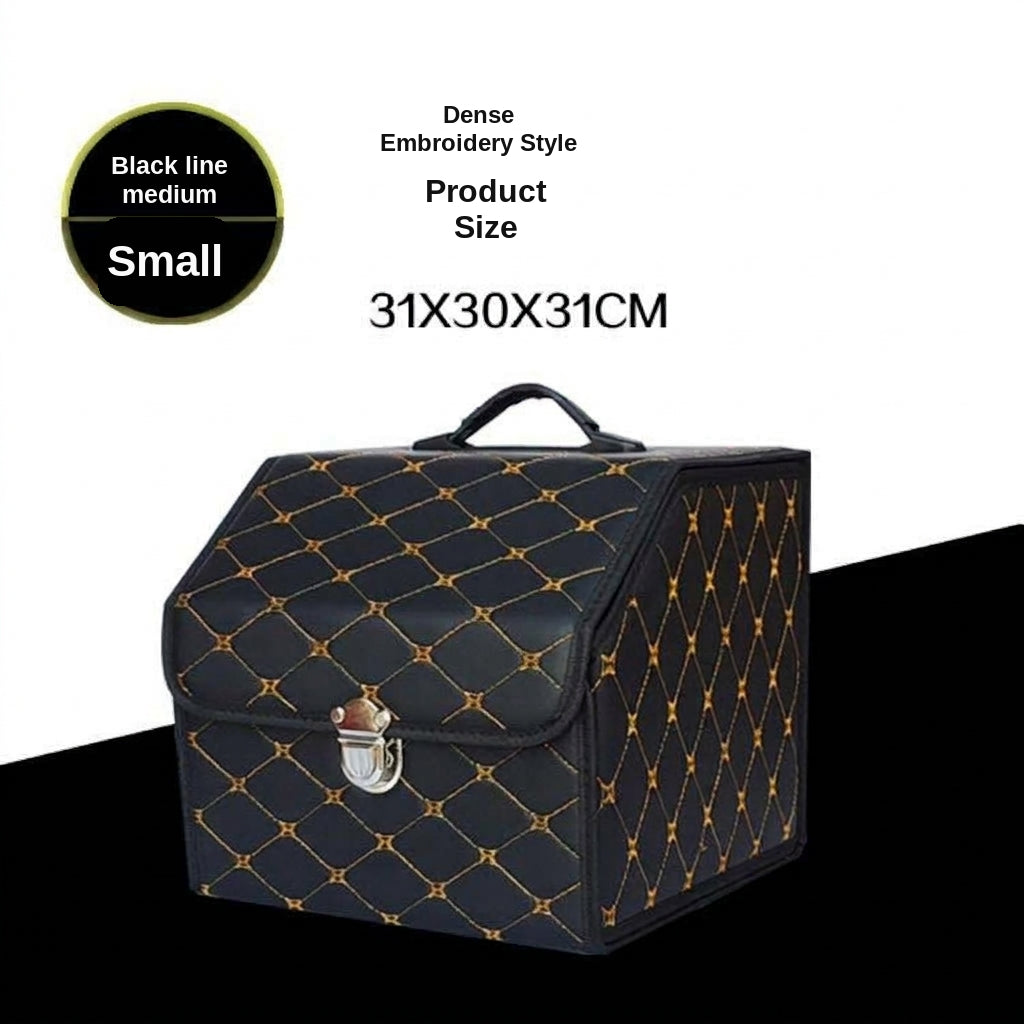 Car trunk storage box, leather foldable car organizer box, large capacity metal locking with handle storage box