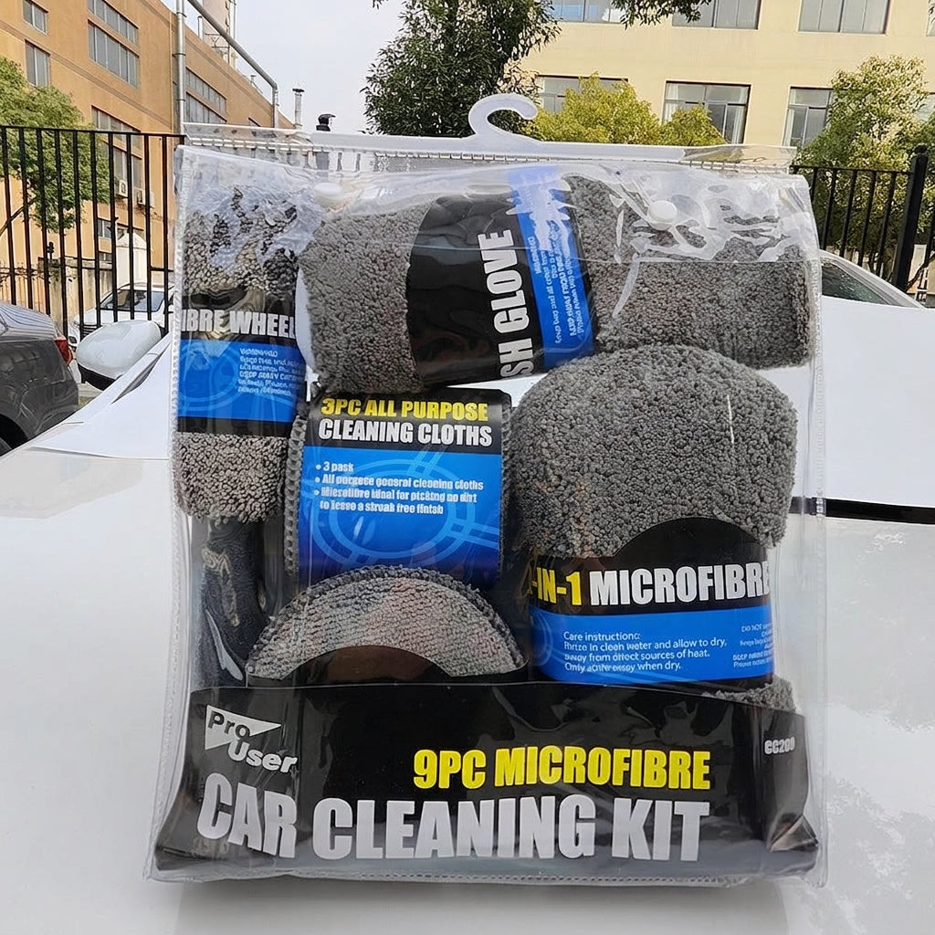 Car Wash 9-Piece Set: Car Cleaning Supplies, Wheel Hub Brush, Polishing Waxing Sponge Blocks, Car Wash Towels, Car Wipes