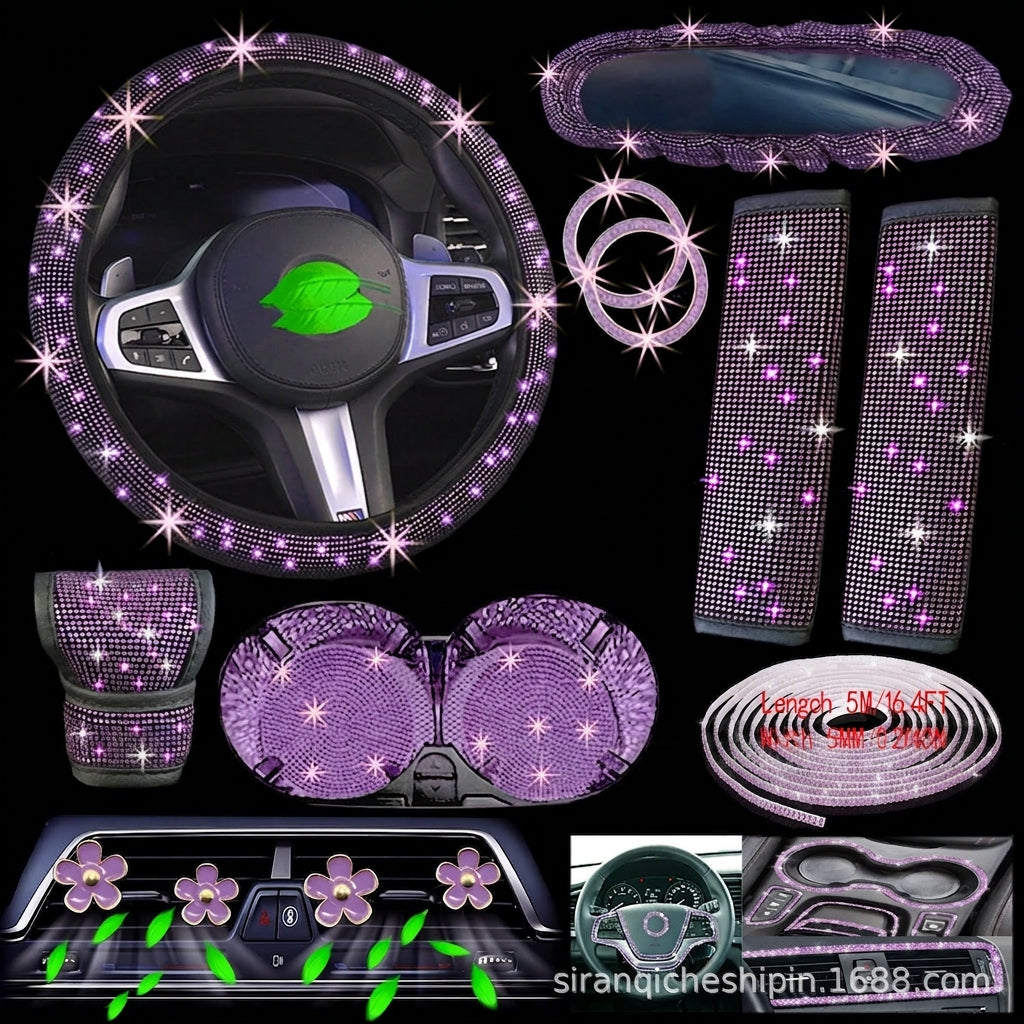 Cross-border foreign trade cars with hot diamonds, steering wheel covers, seat belts, shoulder pads, and diamond-embedded vehicles, 14 items loaded with diamonds and with diamonds