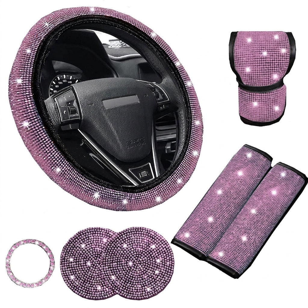 Car steering wheel cover, universal rhinestone-inlaid seatbelt cover, shoulder pad, seven-piece cross-border bestseller set