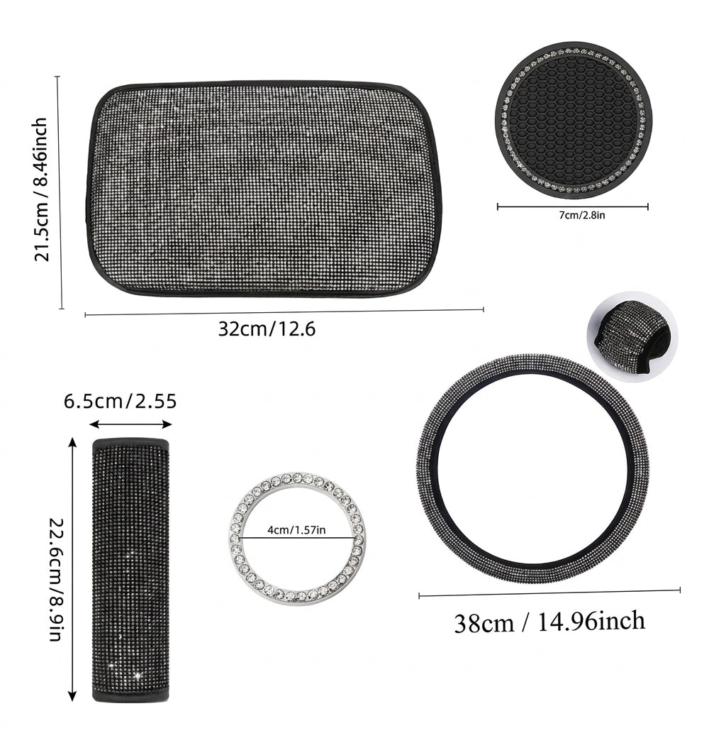 Car steering wheel cover, diamond-studded full diamond set, seat belt, shoulder pad, rearview mirror armrest, box mat, starter ring, nine-piece set