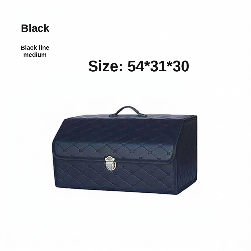Car trunk storage box, leather foldable car organizer box, large capacity metal locking with handle storage box