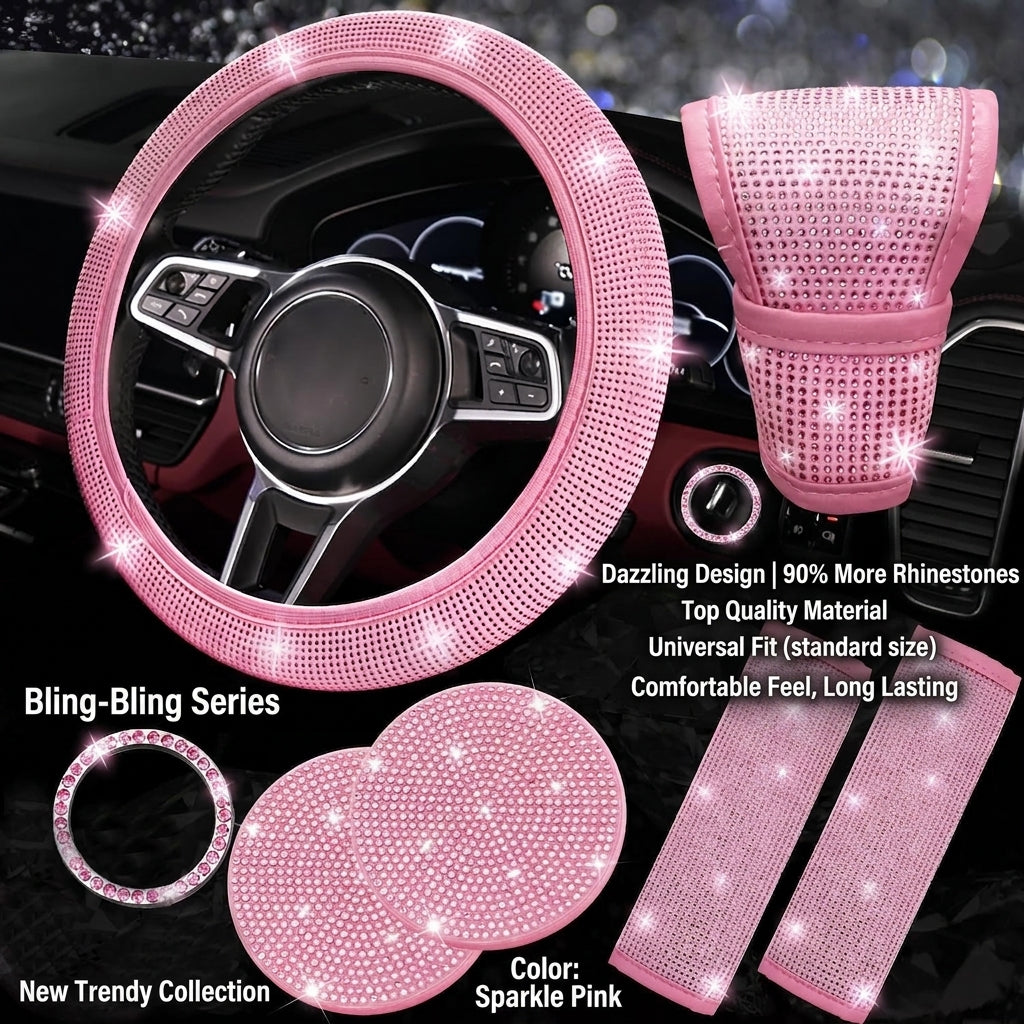 Car steering wheel cover, universal rhinestone-inlaid seatbelt cover, shoulder pad, seven-piece cross-border bestseller set
