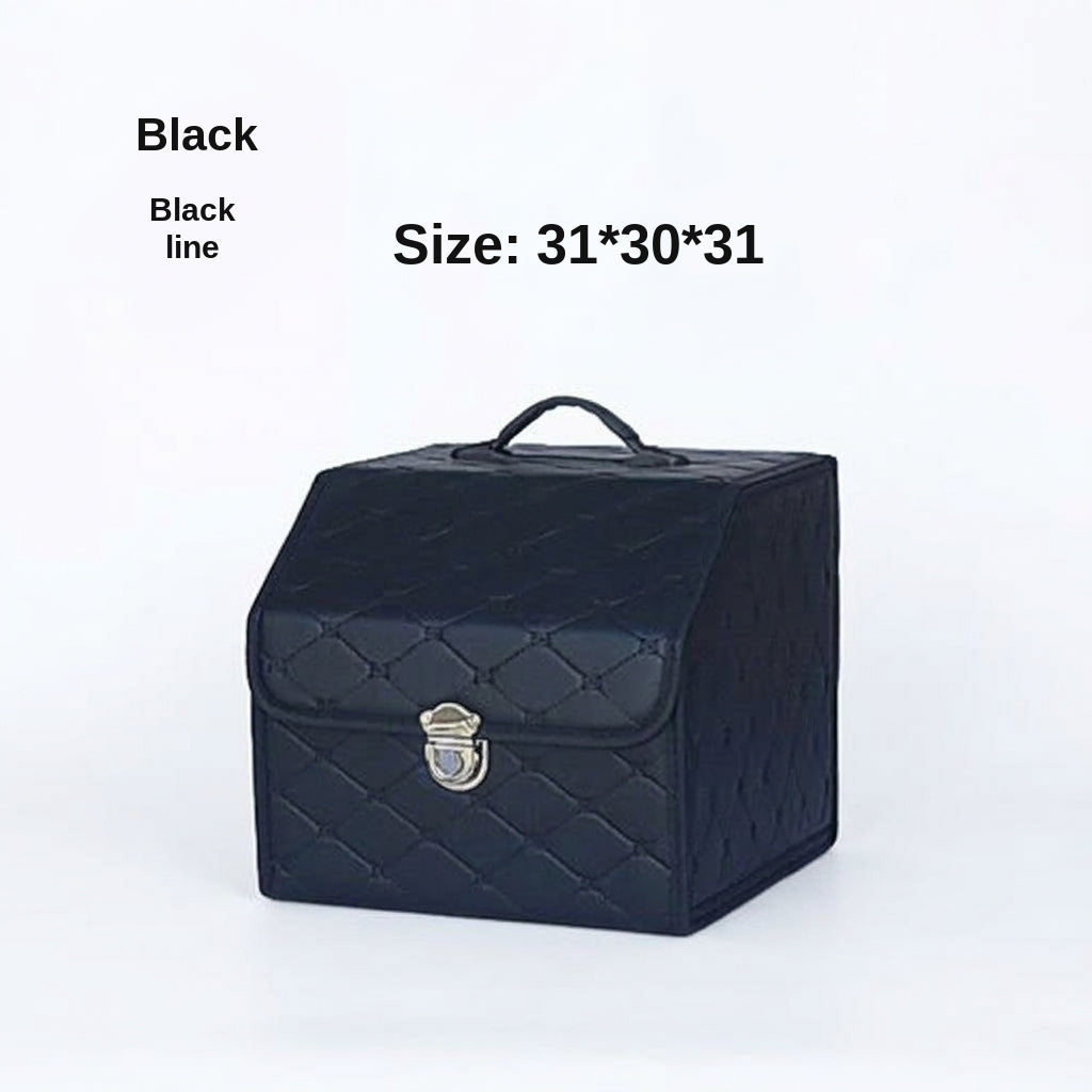 Car trunk storage box, leather foldable car organizer box, large capacity metal locking with handle storage box