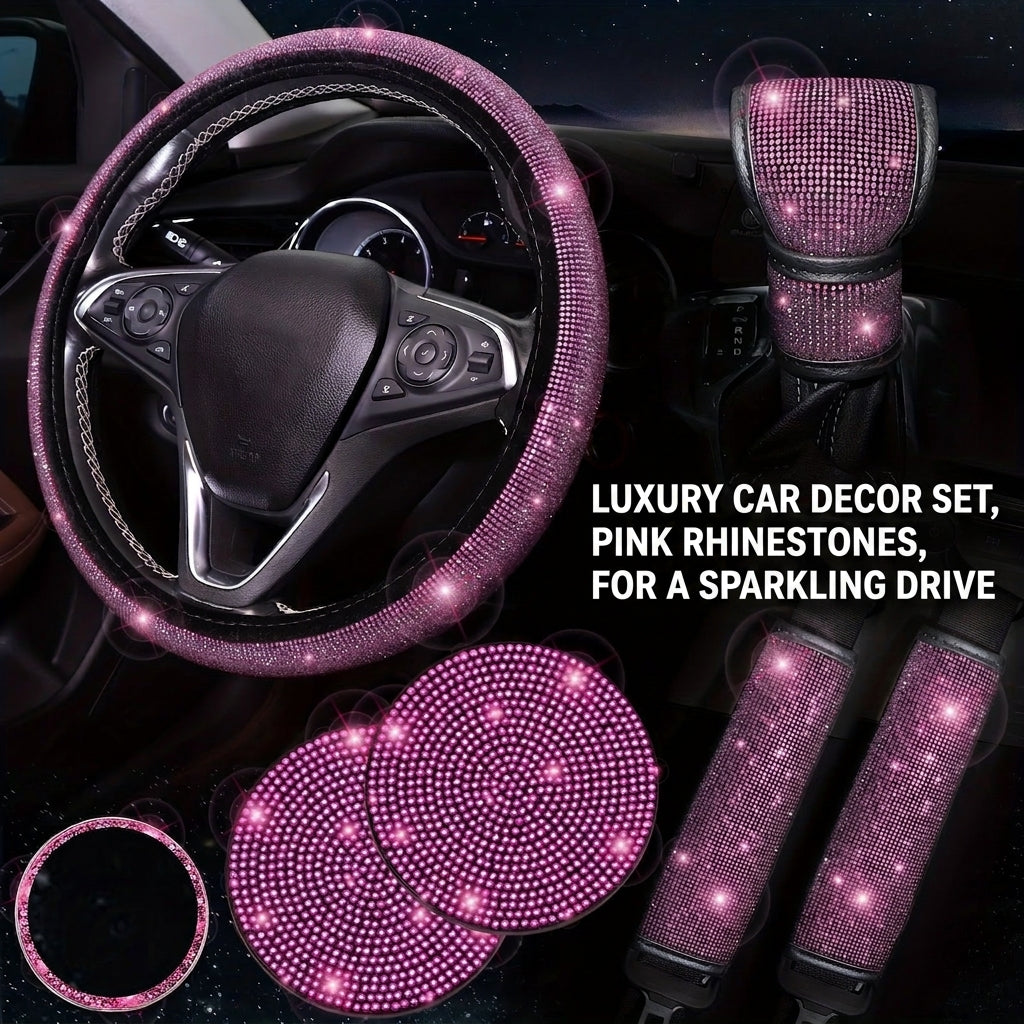 Car steering wheel cover, universal rhinestone-inlaid seatbelt cover, shoulder pad, seven-piece cross-border bestseller set