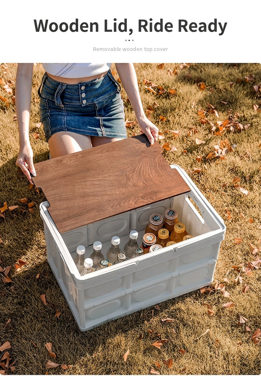 Outdoor camping folding box, storage box, wooden lid, car trunk, picnic storage box, organizer box, clothing storage box