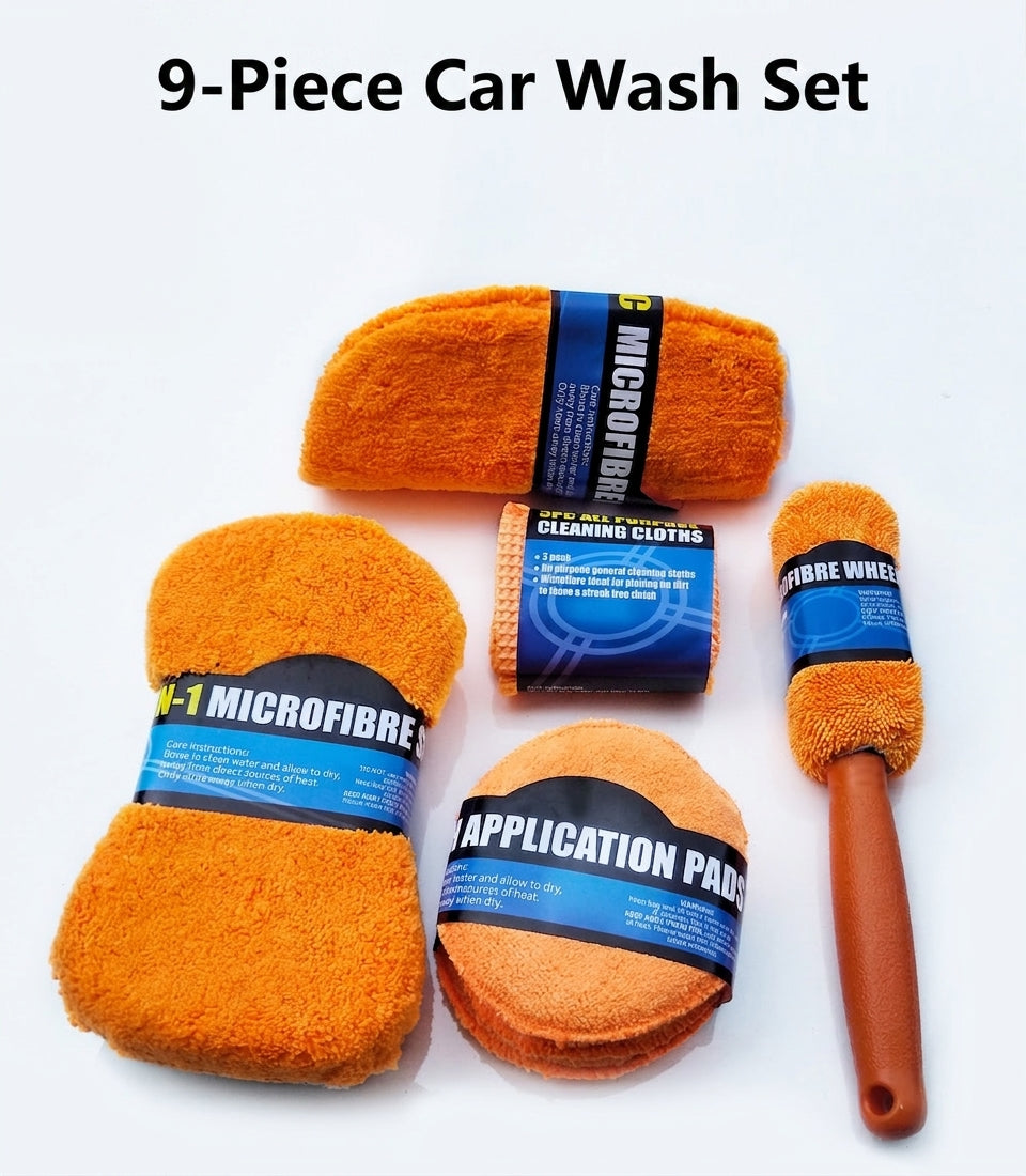 Car Wash 9-Piece Set: Car Cleaning Supplies, Wheel Hub Brush, Polishing Waxing Sponge Blocks, Car Wash Towels, Car Wipes