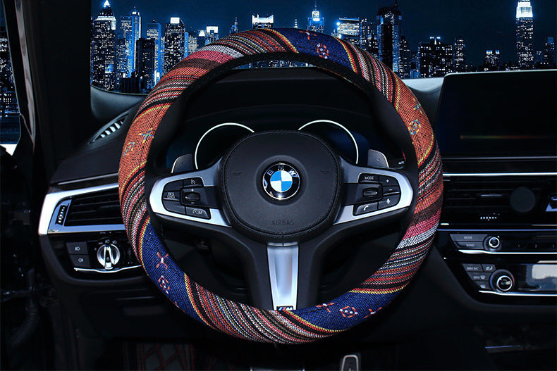 Steering wheel cover New national style old coarse cloth linen car steering wheel cover Personality trend car handle cover