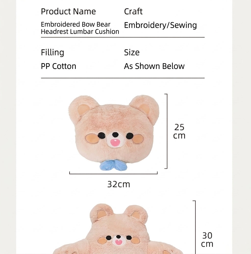Car headrest, plush bow little bear pillow, comfortable neck pillow cushion, cute cartoon car interior lumbar support
