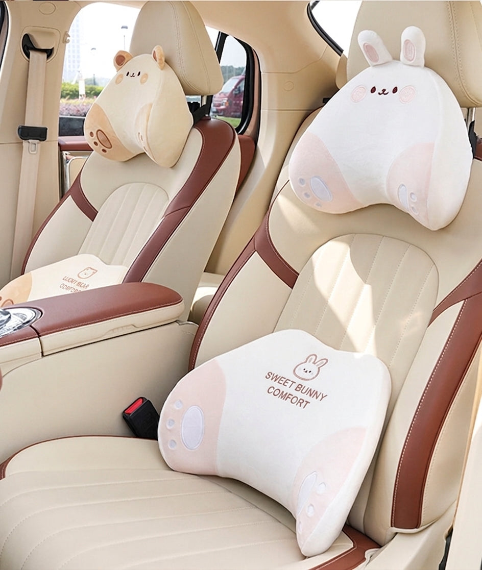 Cartoon memory foam car headrest, all-season plush car, soft seat lumbar pad, creative car lumbar support
