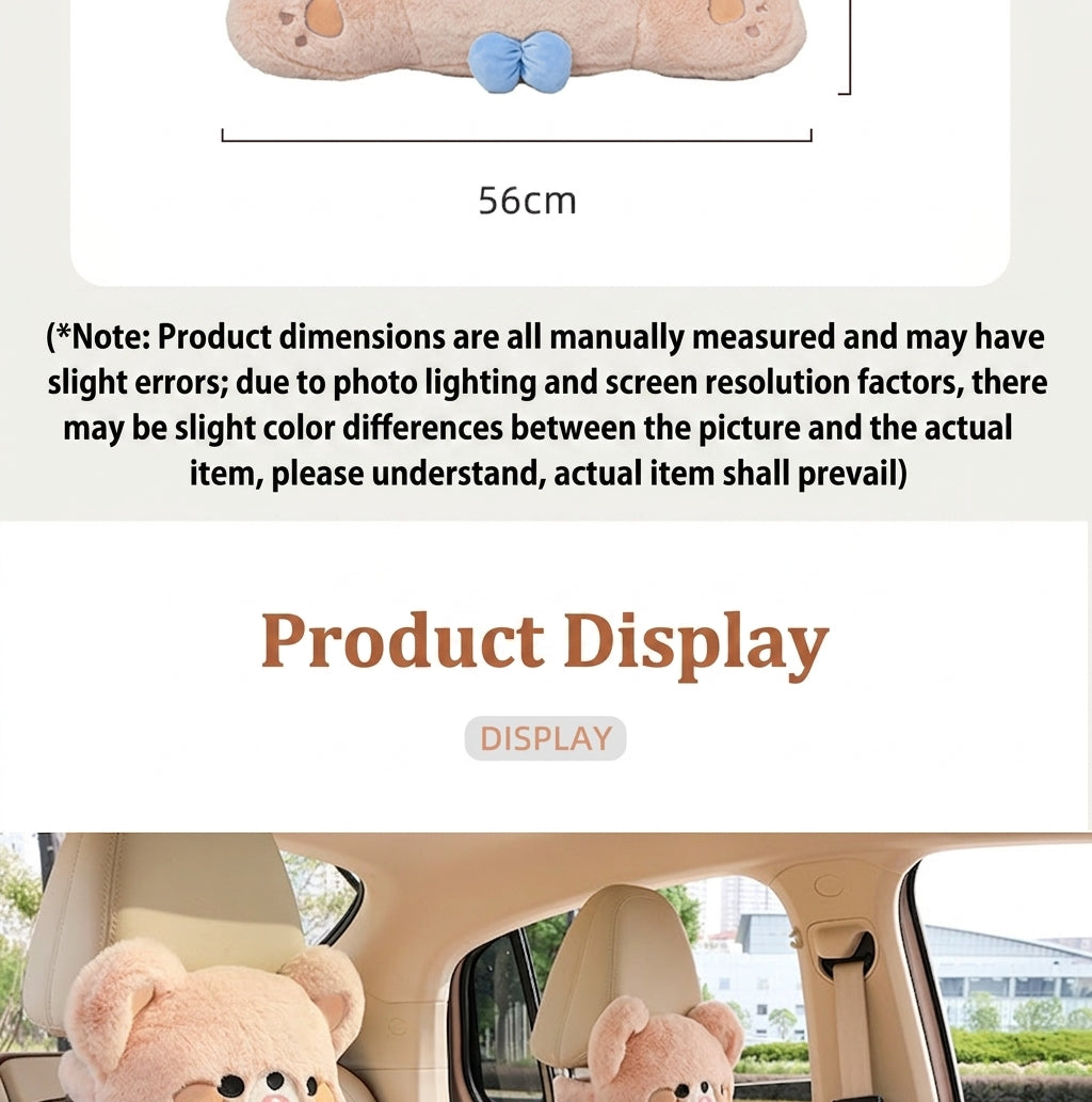 Car headrest, plush bow little bear pillow, comfortable neck pillow cushion, cute cartoon car interior lumbar support