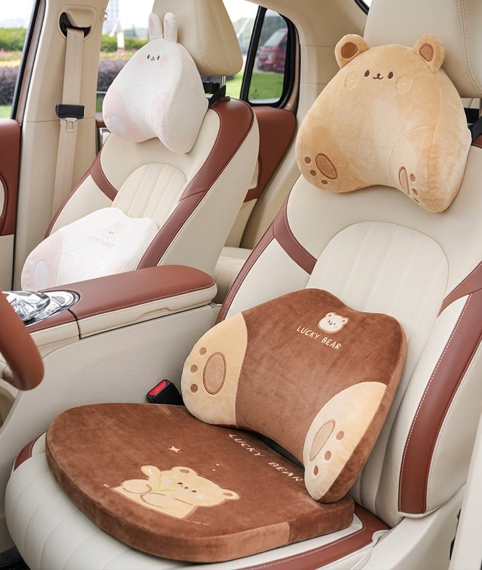 Cartoon memory foam car headrest, all-season plush car, soft seat lumbar pad, creative car lumbar support