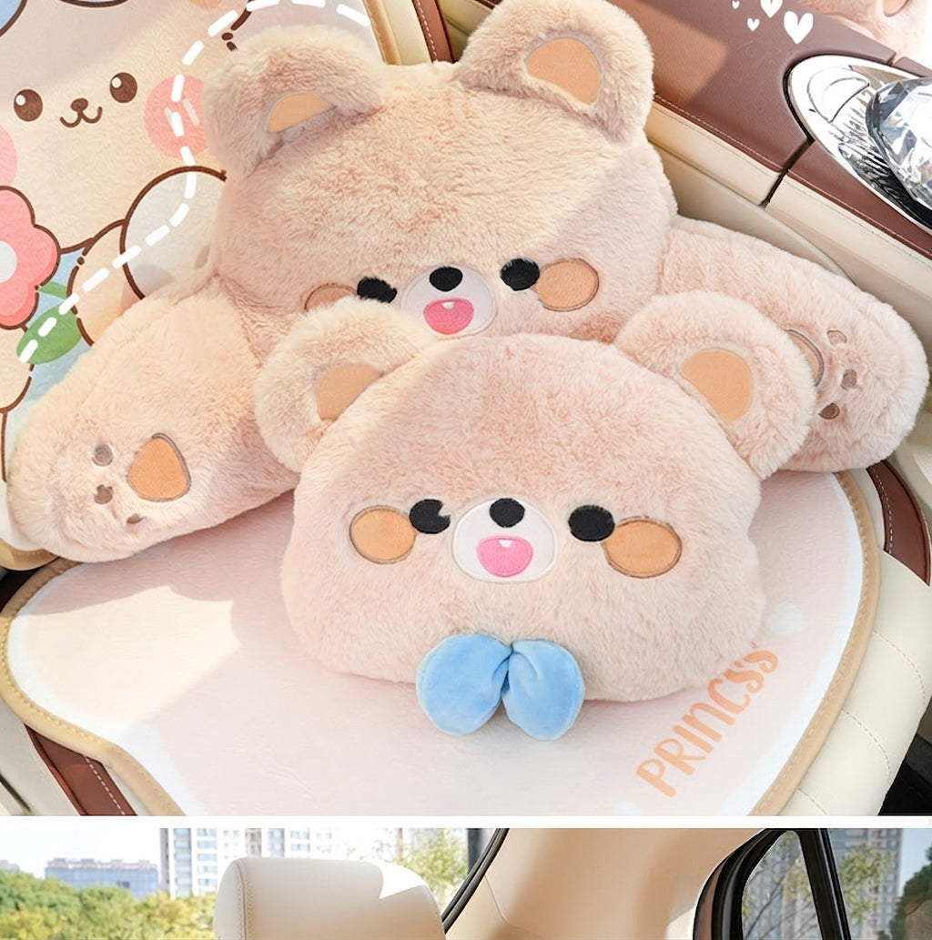 Car headrest, plush bow little bear pillow, comfortable neck pillow cushion, cute cartoon car interior lumbar support
