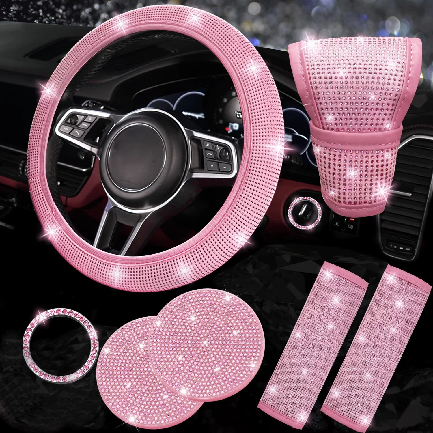 Car steering wheel cover, universal rhinestone-inlaid seatbelt cover, shoulder pad, seven-piece cross-border bestseller set