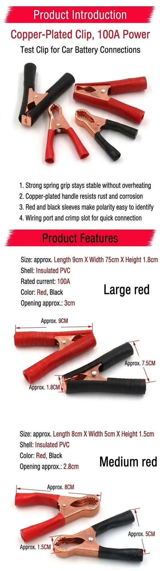 Red and black large and medium 50A charging crocodile clip with protective sleeve, 100A high current car crocodile clip power supply, copper plating