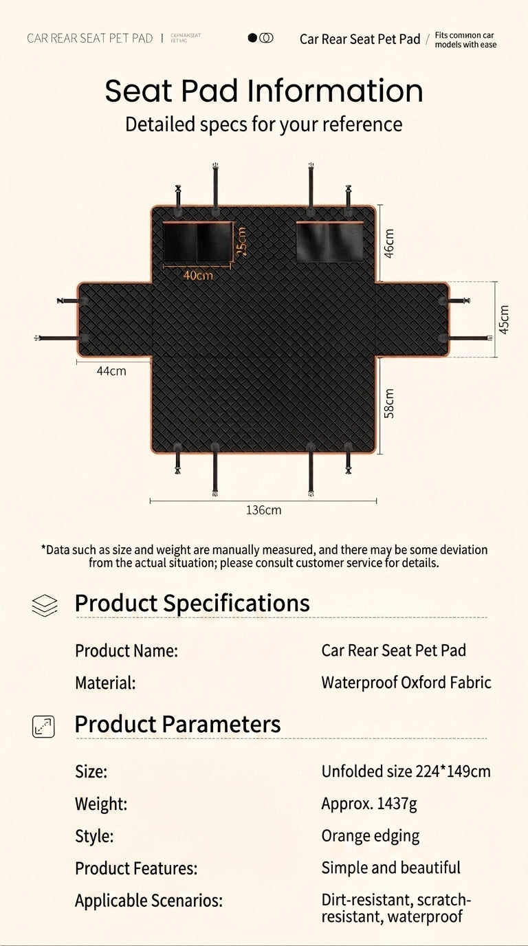 Oxford fabric pet mat, waterproof, dirt-resistant, wear-resistant seat cushion, rear seat mat for cats and dogs, thickened, suitable for car storage, universal