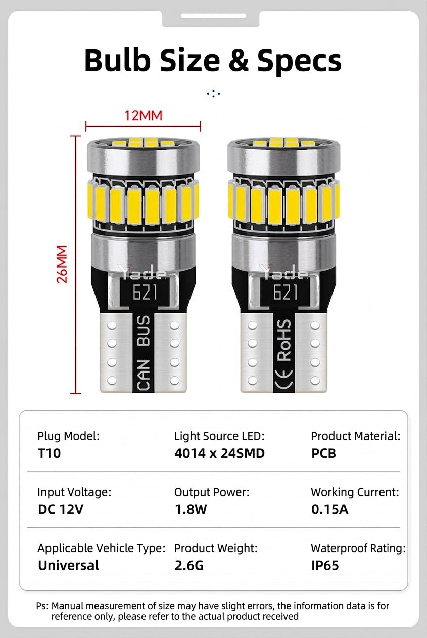 Car LED Position Light T10 Decoding W5W Canbus Cabin Light License Plate Light 4014 24SMD Bulb W5W