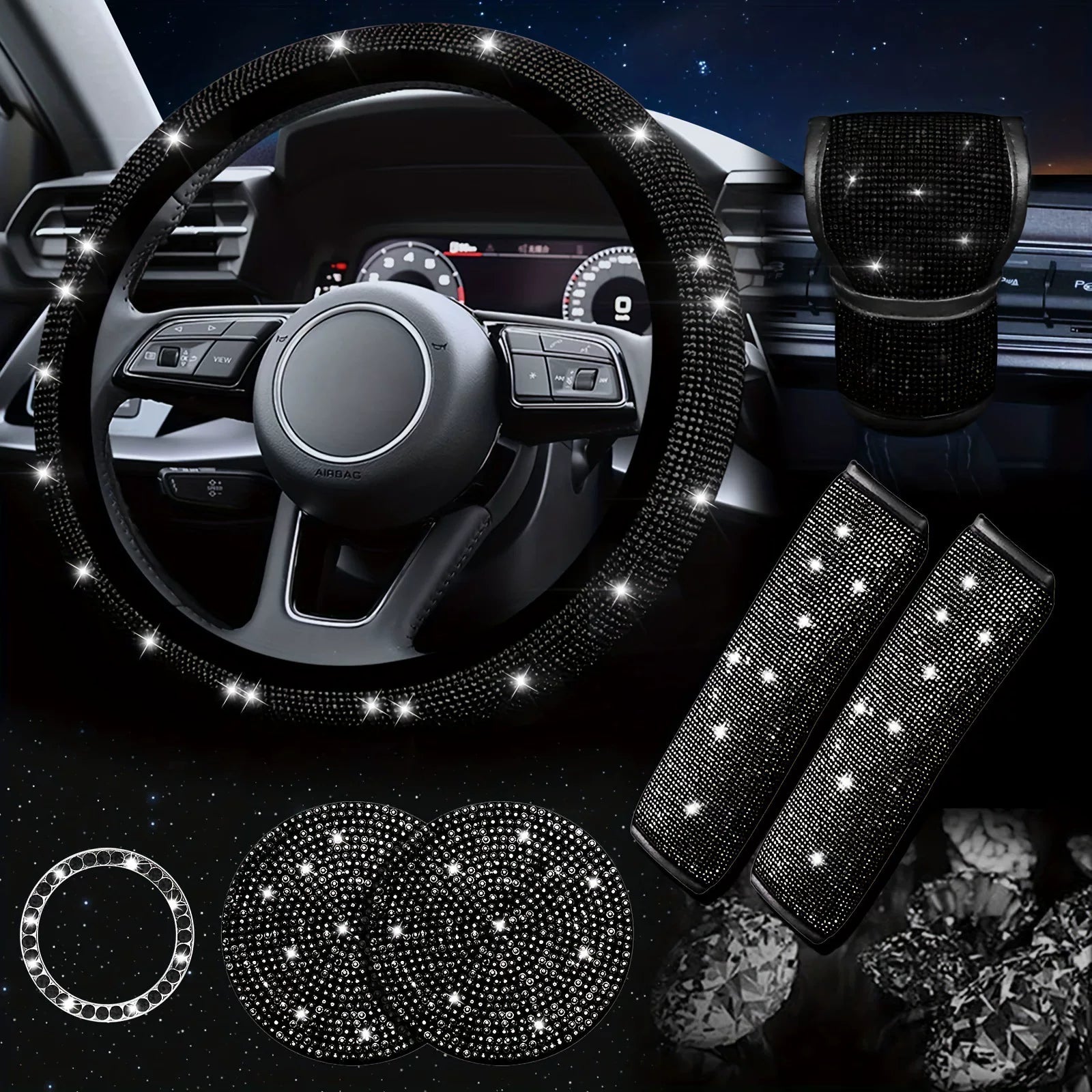 Car steering wheel cover, universal rhinestone-inlaid seatbelt cover, shoulder pad, seven-piece cross-border bestseller set