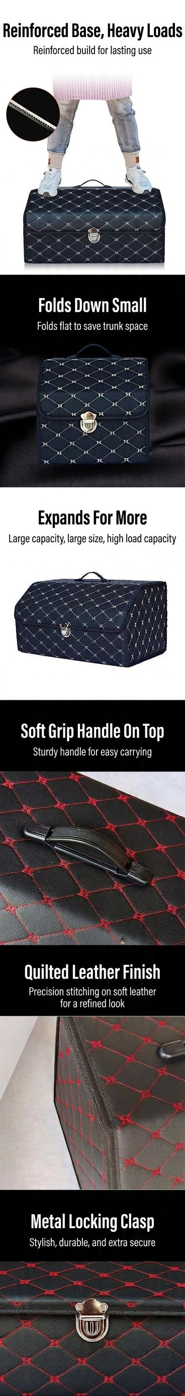 Car trunk storage box, leather foldable car organizer box, large capacity metal locking with handle storage box