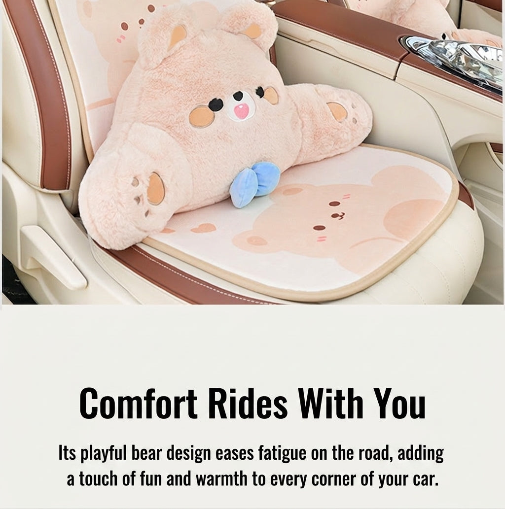 Car headrest, plush bow little bear pillow, comfortable neck pillow cushion, cute cartoon car interior lumbar support
