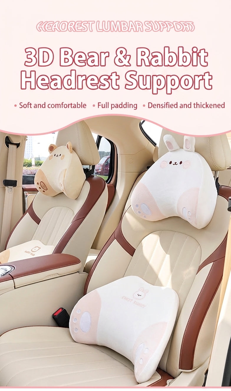 Cartoon memory foam car headrest, all-season plush car, soft seat lumbar pad, creative car lumbar support