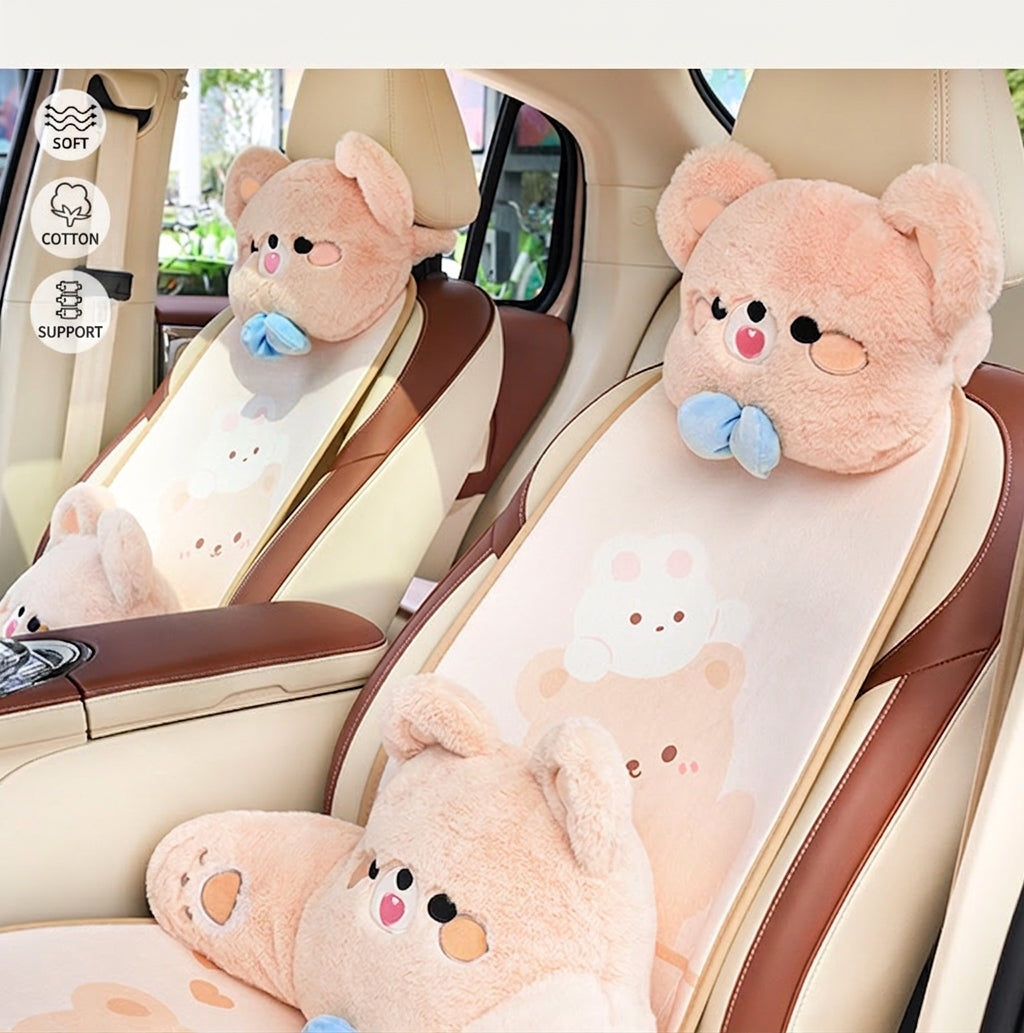 Car headrest, plush bow little bear pillow, comfortable neck pillow cushion, cute cartoon car interior lumbar support