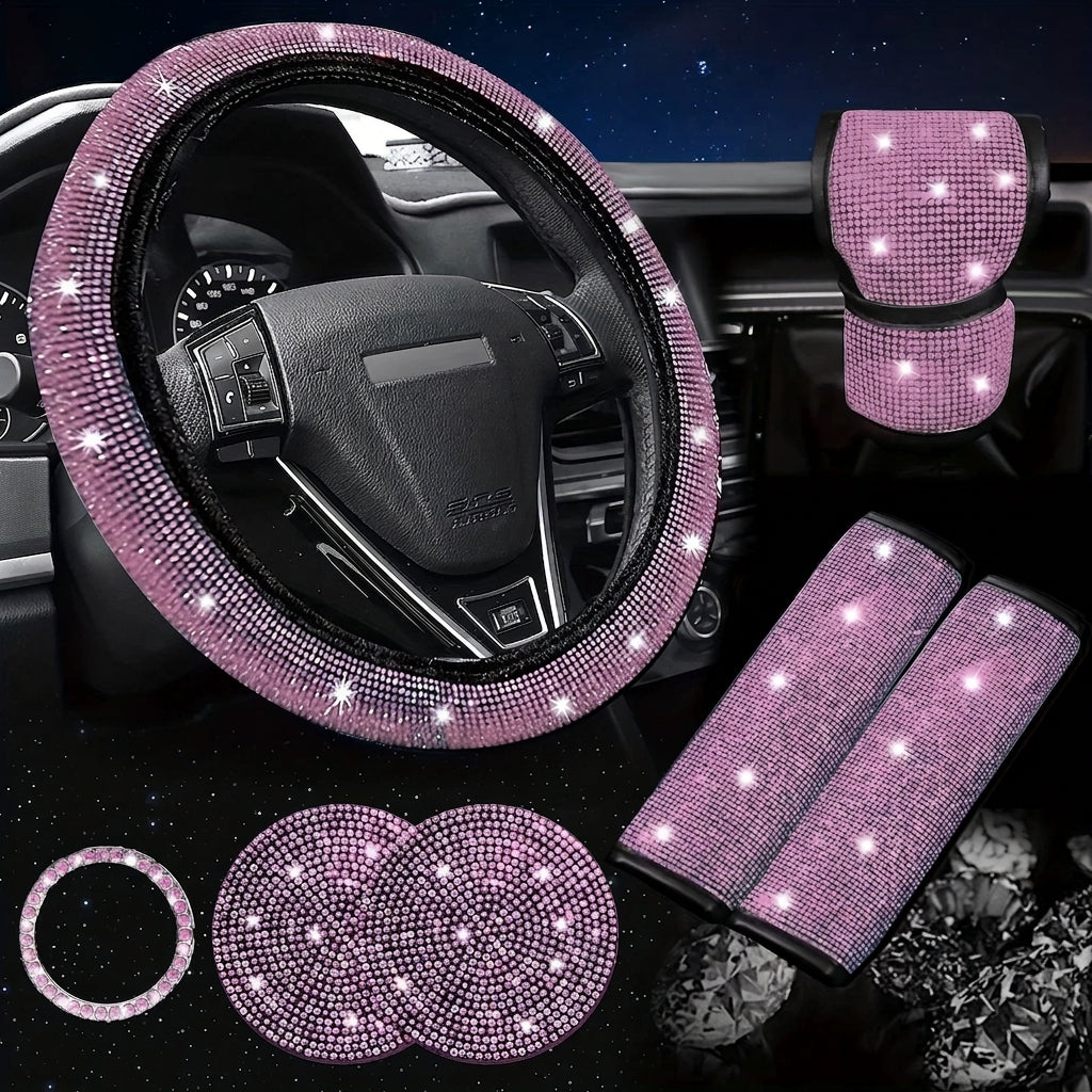 Car steering wheel cover, universal rhinestone-inlaid seatbelt cover, shoulder pad, seven-piece cross-border bestseller set
