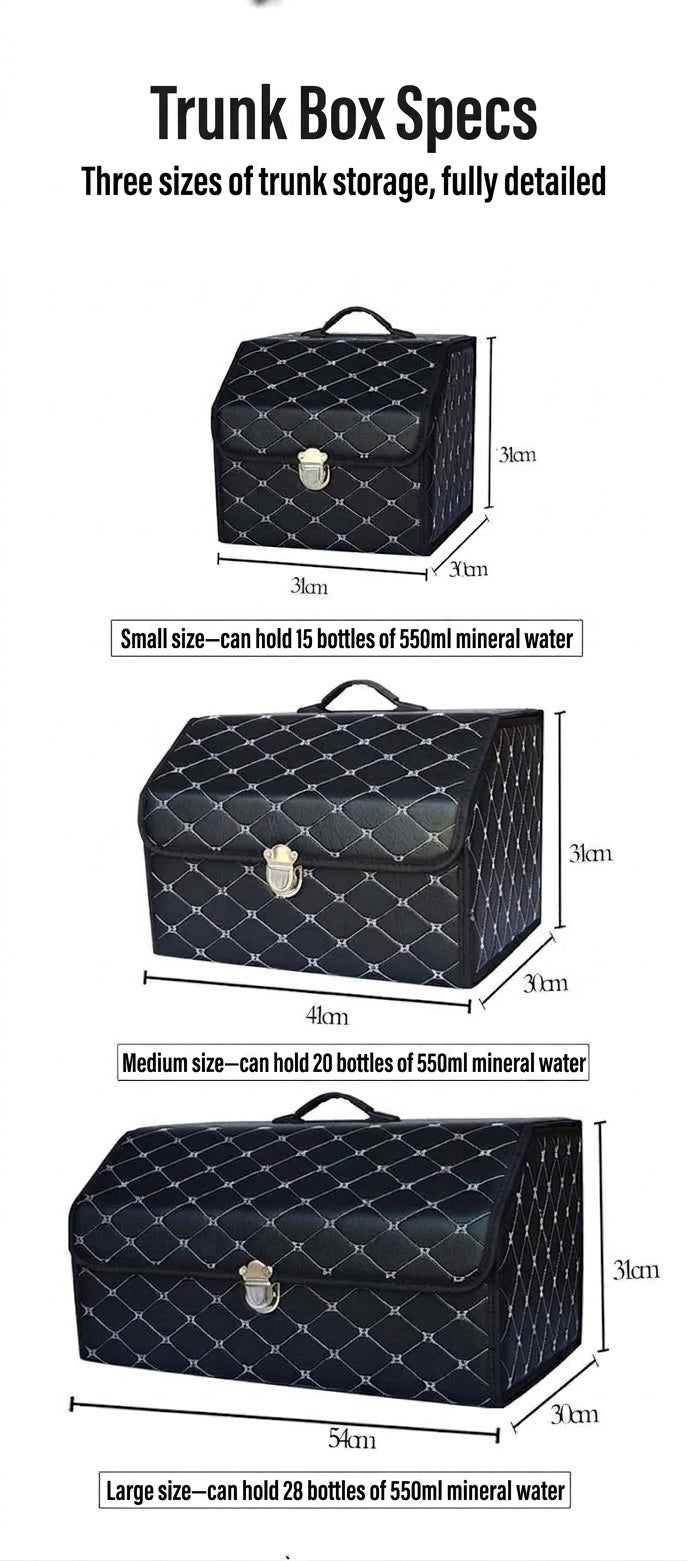 Car trunk storage box, leather foldable car organizer box, large capacity metal locking with handle storage box