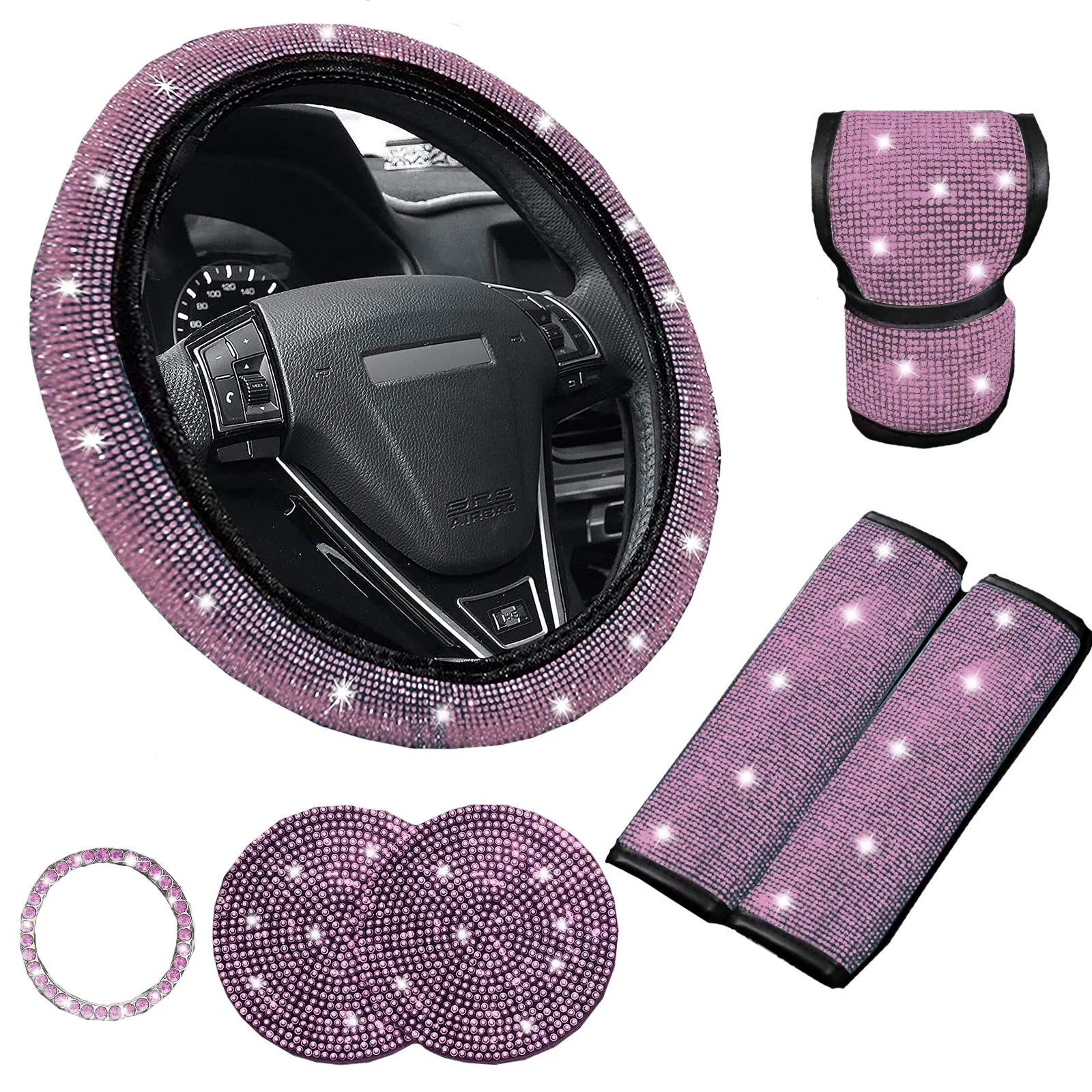 Car steering wheel cover, universal rhinestone-inlaid seatbelt cover, shoulder pad, seven-piece cross-border bestseller set