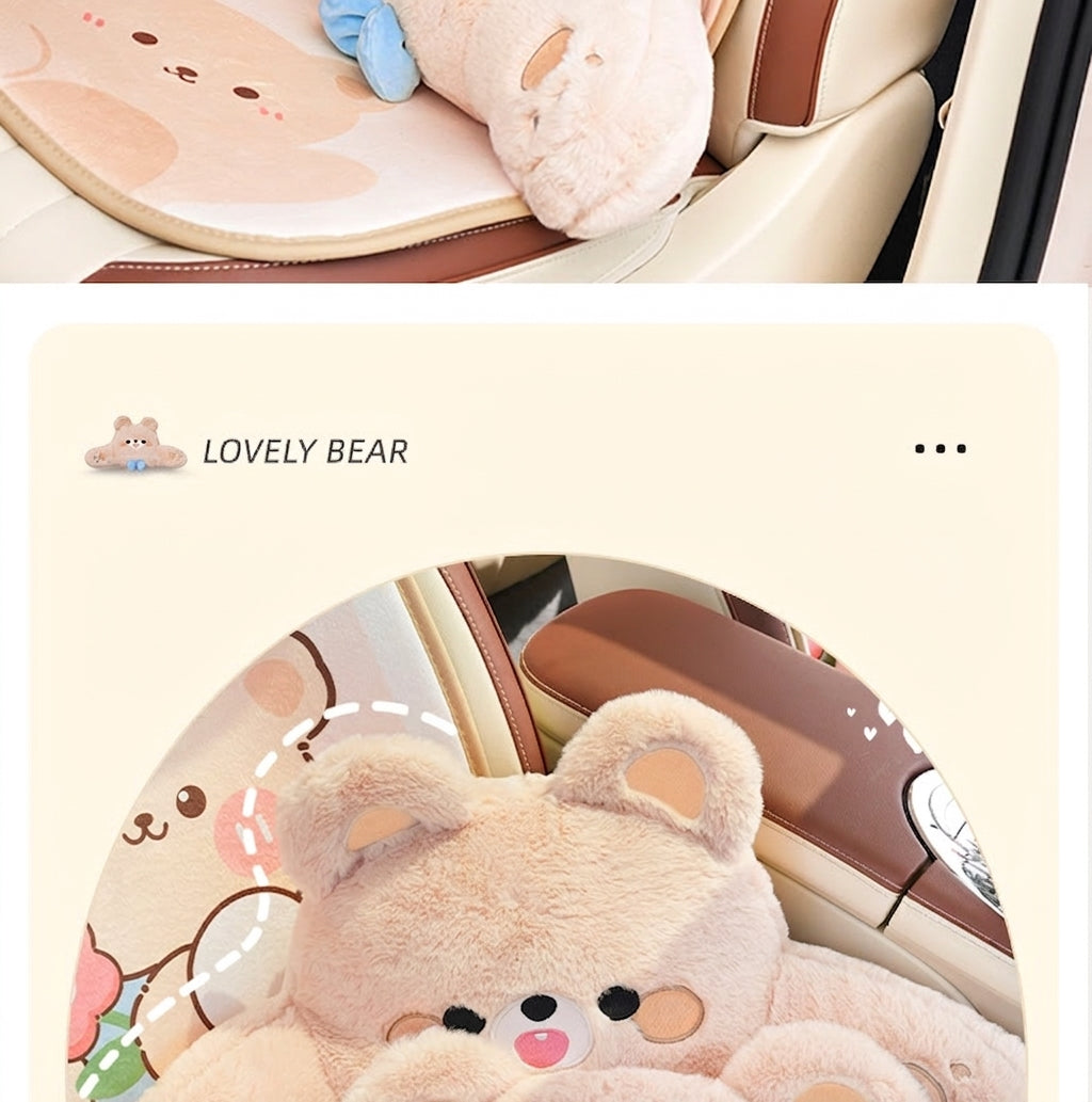 Car headrest, plush bow little bear pillow, comfortable neck pillow cushion, cute cartoon car interior lumbar support