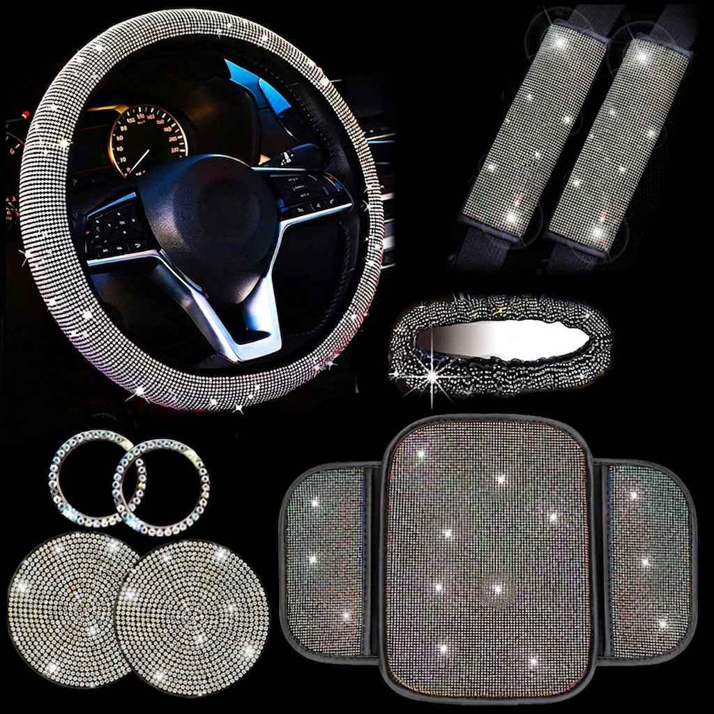 Car steering wheel cover, diamond-studded full diamond set, seat belt, shoulder pad, rearview mirror armrest, box mat, starter ring, nine-piece set