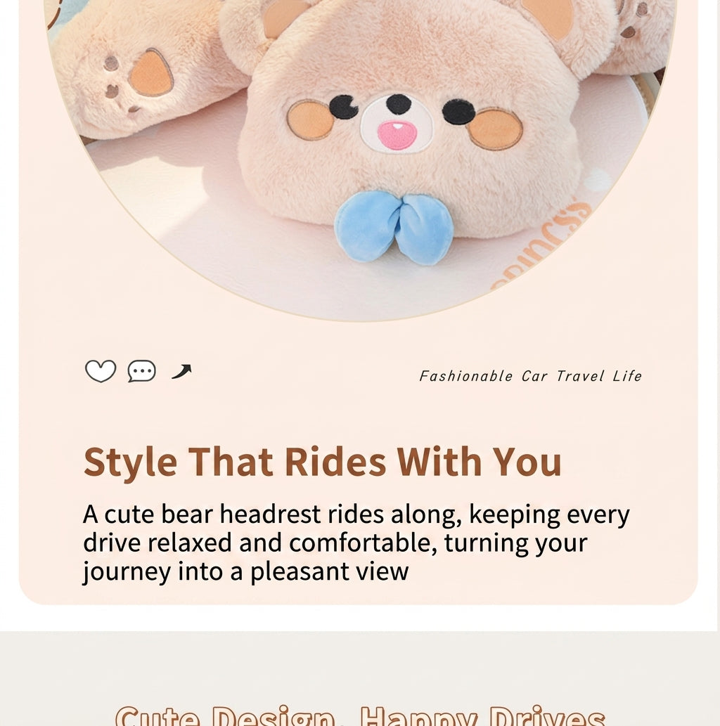 Car headrest, plush bow little bear pillow, comfortable neck pillow cushion, cute cartoon car interior lumbar support