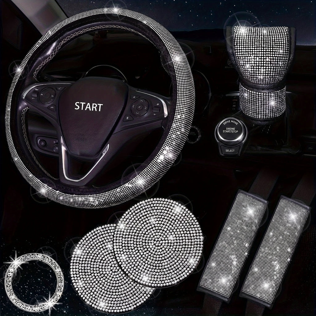 Car steering wheel cover, universal rhinestone-inlaid seatbelt cover, shoulder pad, seven-piece cross-border bestseller set