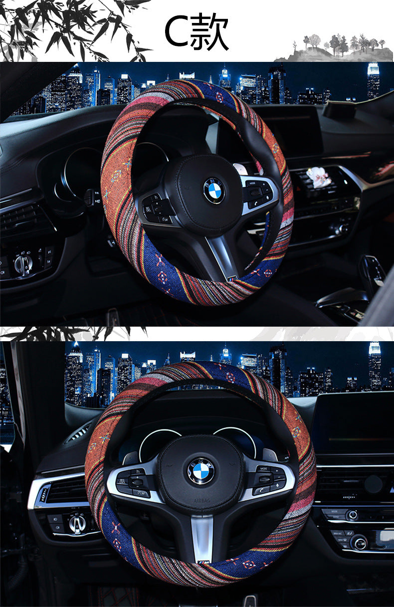 Steering wheel cover New national style old coarse cloth linen car steering wheel cover Personality trend car handle cover