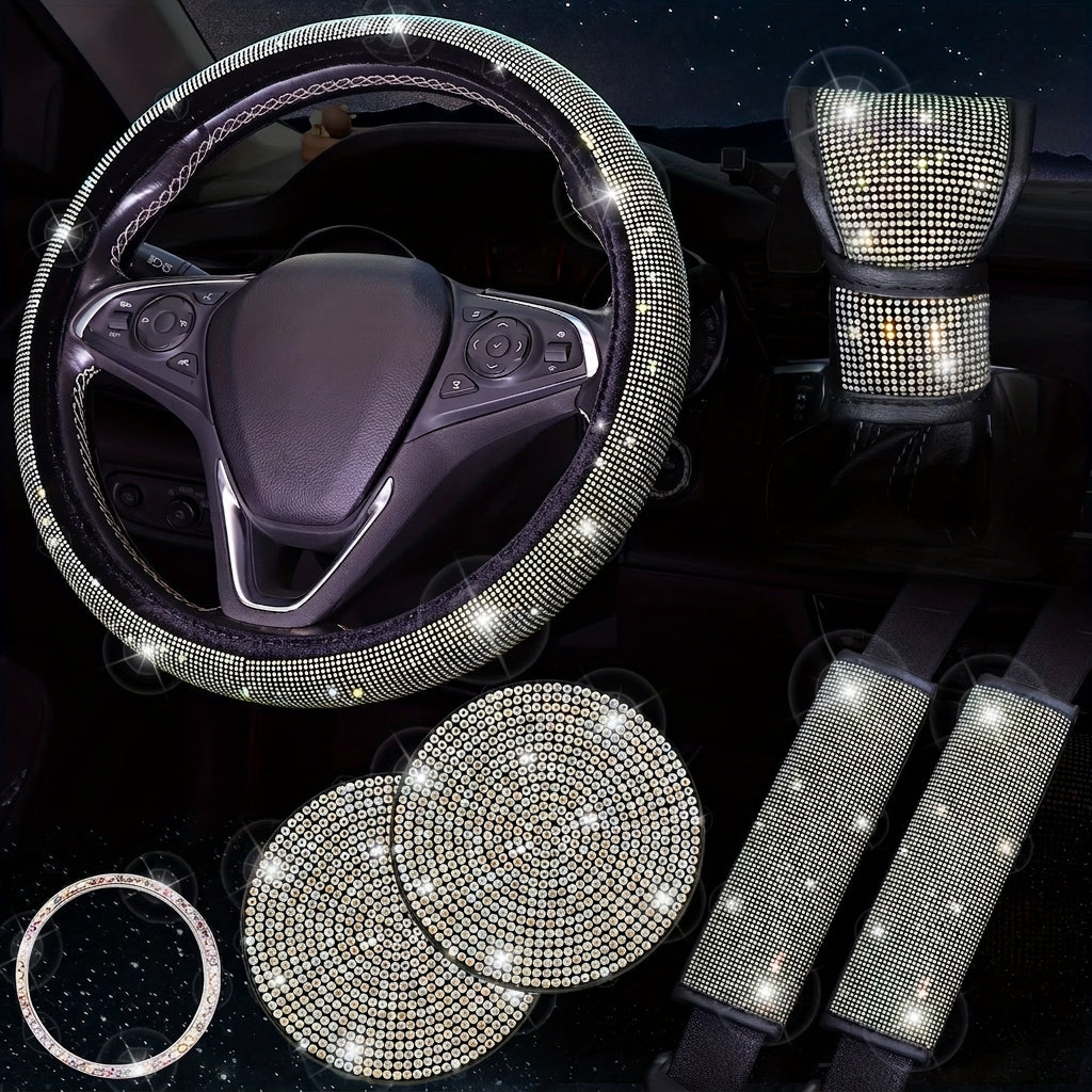 Car steering wheel cover, universal rhinestone-inlaid seatbelt cover, shoulder pad, seven-piece cross-border bestseller set